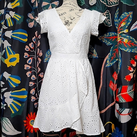 Japna Dresses & Skirts - Japna White Eyelet Wrap Midi Dress